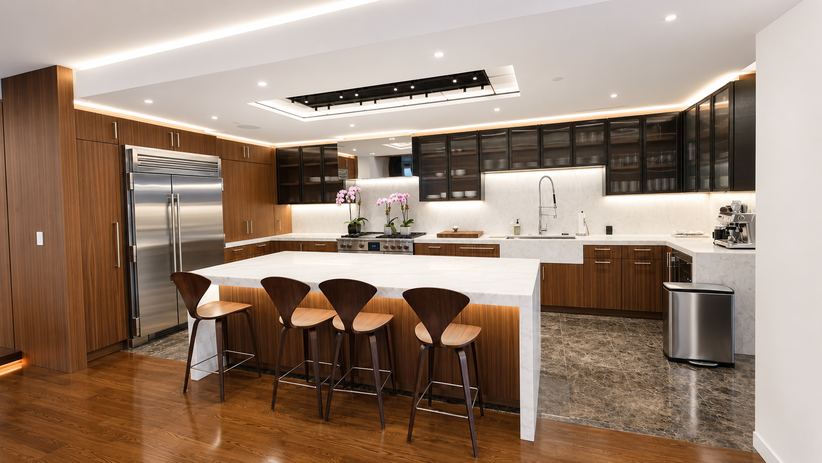 Luxury custom walnut and marble kitchen